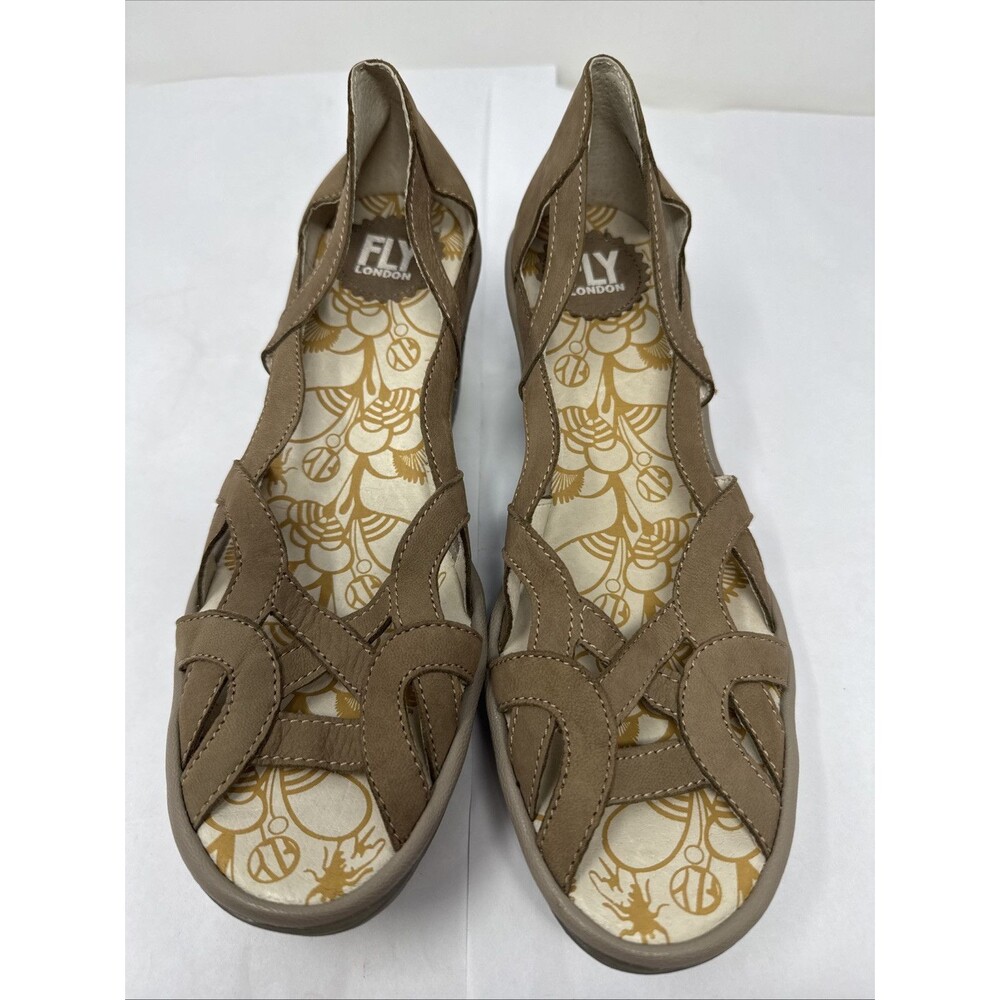 Fly London Yadi Taupe Leather Slip on Cutout Peep-toe Wedge Sandals 39 8 8.5